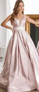 COPY - A line metallic gown with pleated bustline and pockets in blush pink